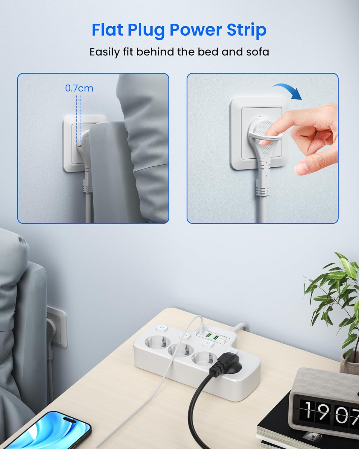 Detalle de Ciabatta Multipresa con Interruttori Indipendenti, 4 prese Schuko + USB (USB-C) – 2 m, design sottile, Bianca