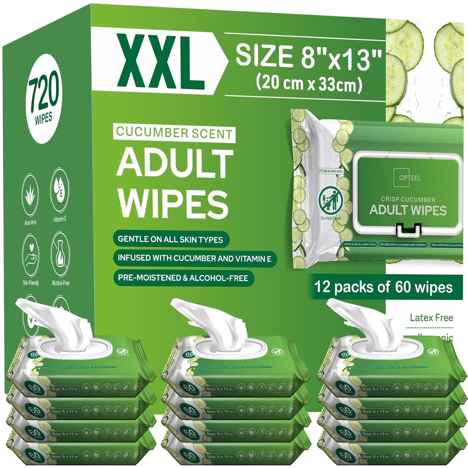Detalle de OPTEEL AW-720C Adult Cleansing Wipes, Extra-Large 8 x 13, 720 Count