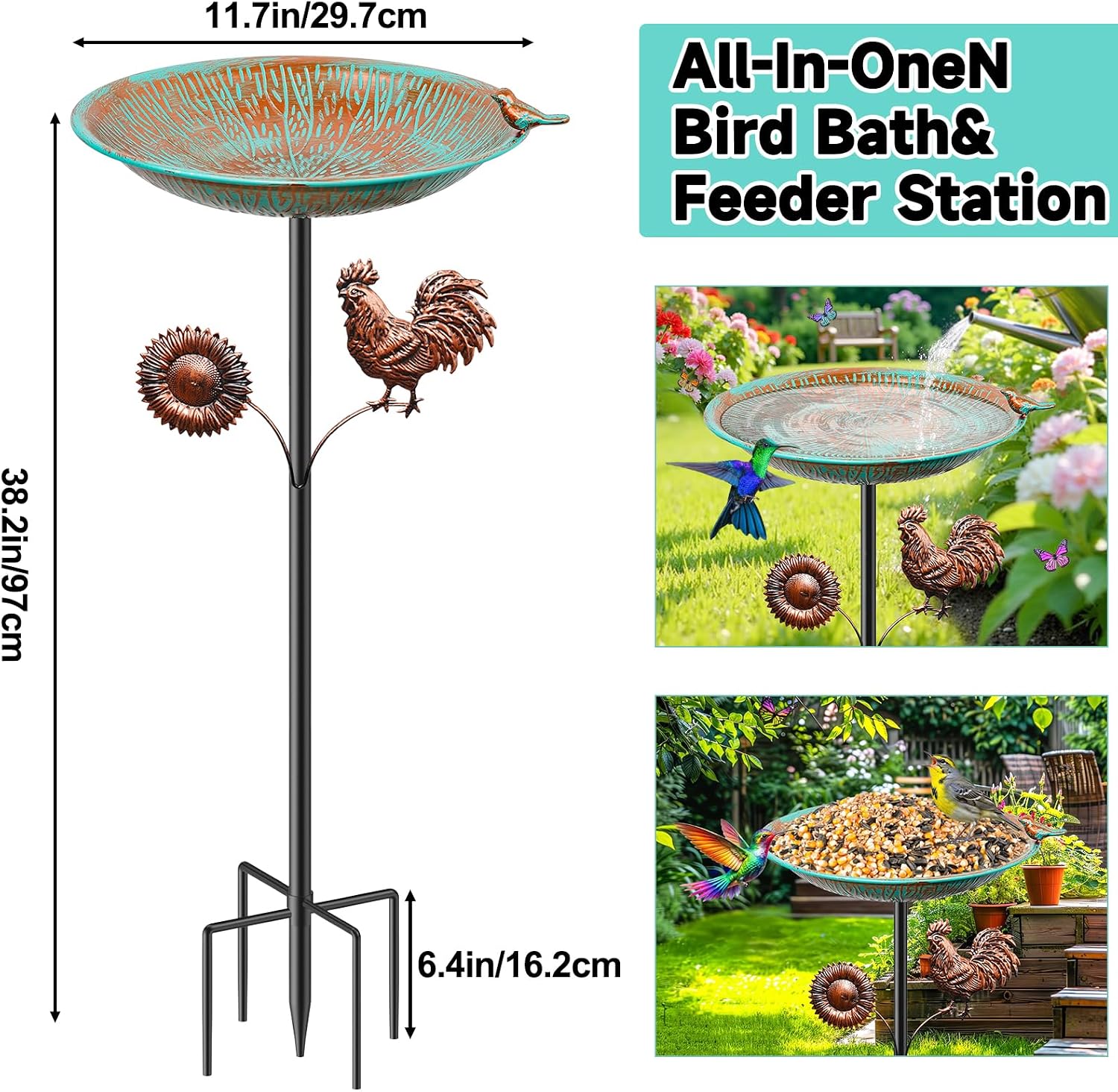 Thumbnail 1 de YOADEHOA 38" Metal Bird Bath with Vintage Garden Statue and 5-Prong Base