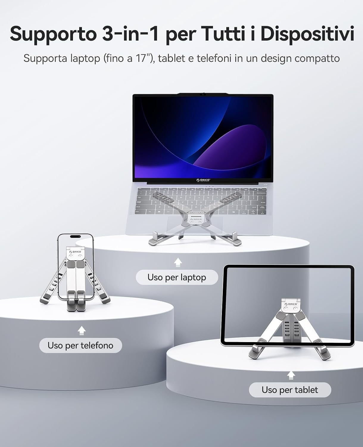 Thumbnail 1 de ORICO PN1 Supporto pieghevole 3 in 1 per laptop, tablet e telefono fino a 17" in alluminio