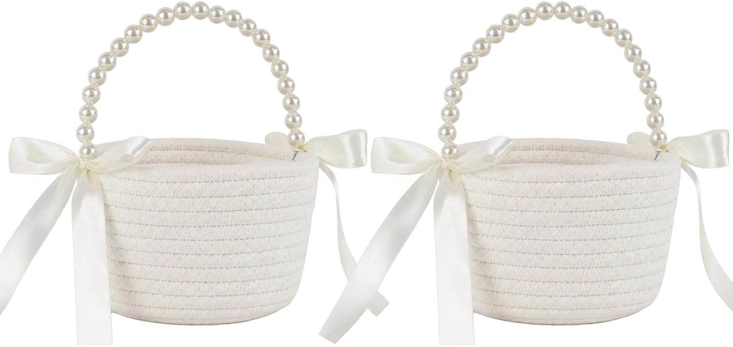 2 Pack Wedding Flower Girl Basket with Pearl Handle – Cotton, Lightweight & Elegant