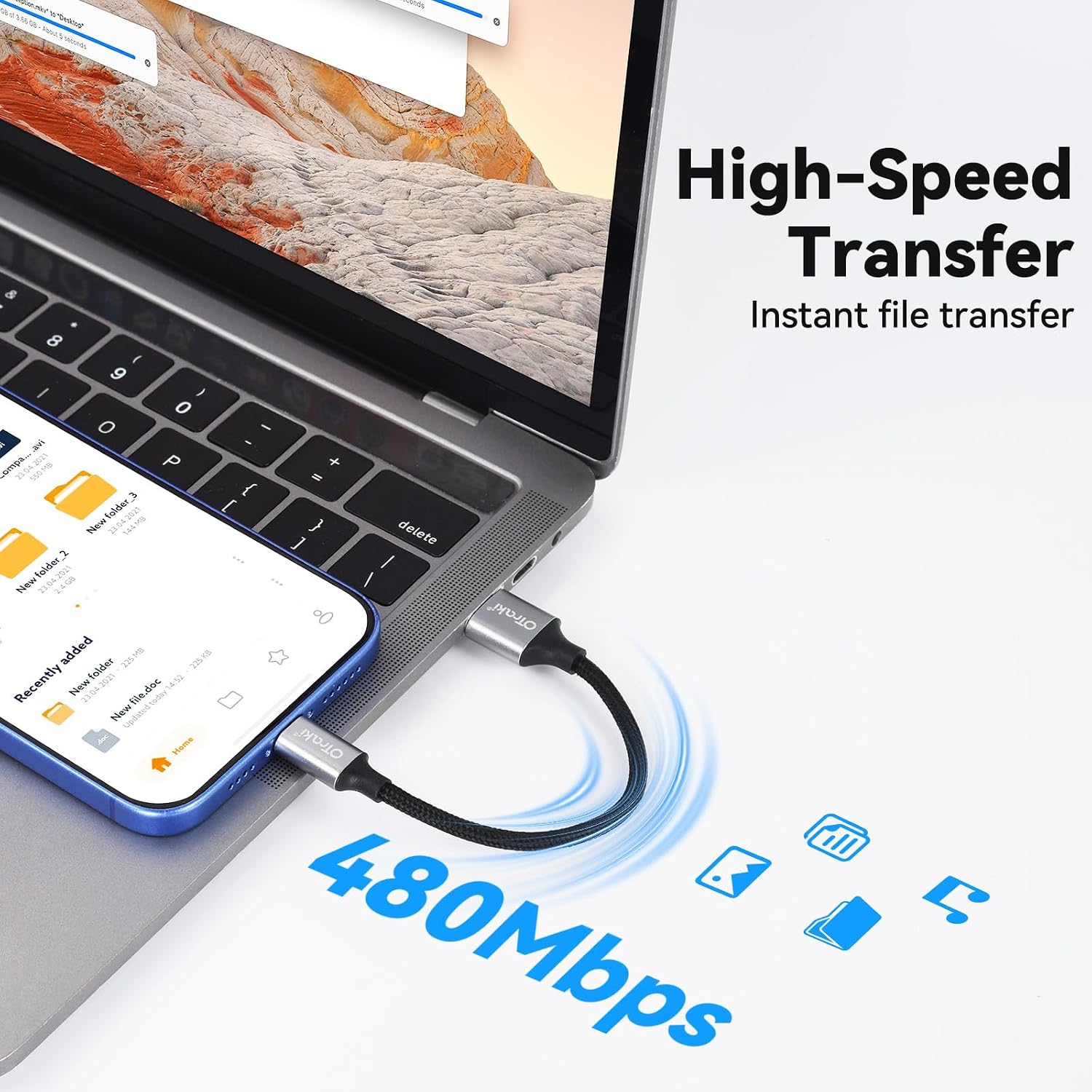 Detalle de OTraki Cavo USB-C/USB-A 0,1 m: ricarica rapida, durata superiore e design intrecciato in nylon