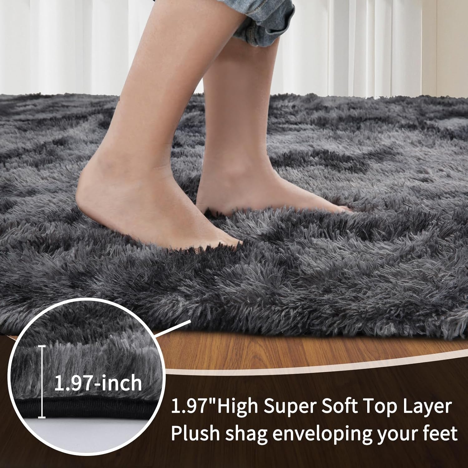 Detalle de Sour Lemon Rugs Living Room 120x160cm in Grey – Fluffy, Washable and Non-Slip