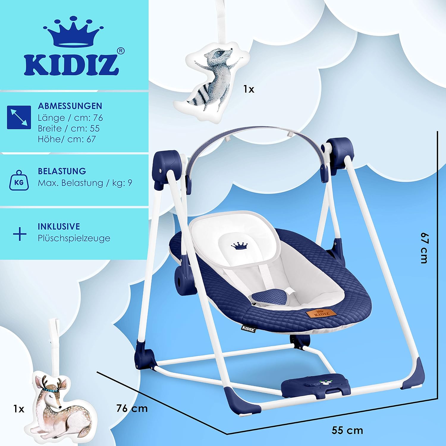 Thumbnail 6 de KIDIZ® Babywippe Babyschaukel mit 5 Geschwindigkeiten, faltbar & Spielbogen, Naturgeräusche (blau)