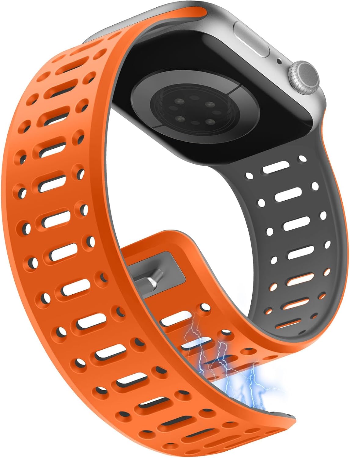 Detalle de Sixmoat Magnetic Strap for Apple Watch (42mm/41mm/40mm/38mm) – breathable silicone sport band with button & tuck closure (Orange-Gray)