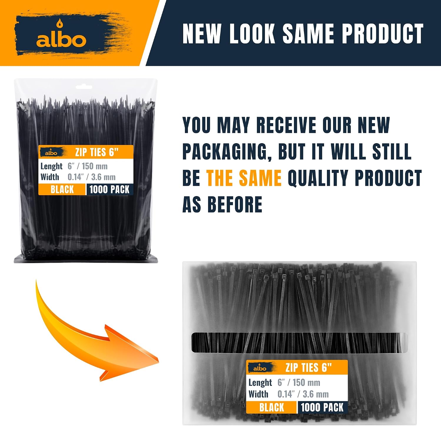 Detalle 2 de Albo 6-Inch Black Nylon Zip Ties, UV-Resistant, Self-Locking, 40 lb
