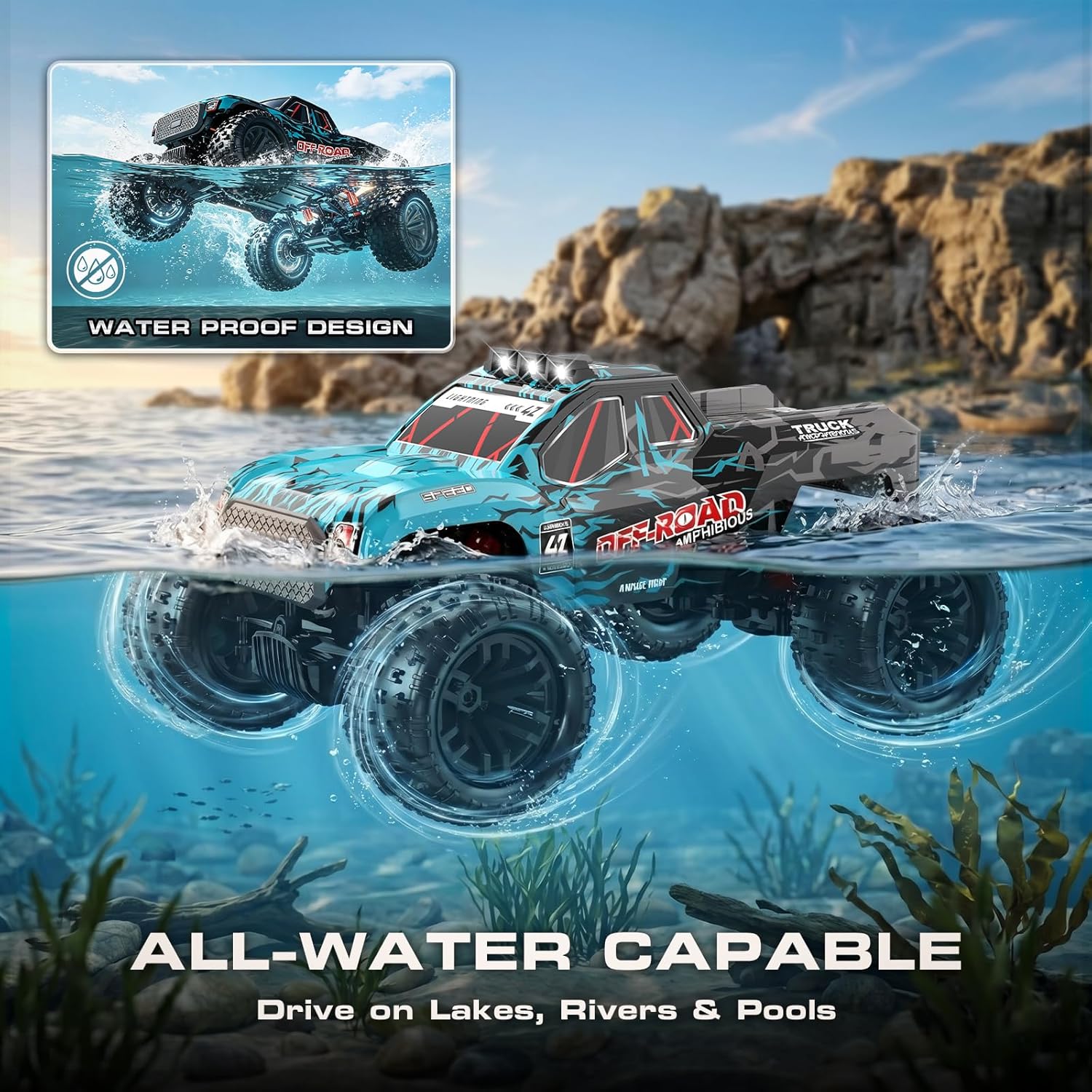 Detalle de YESHIN Voiture télécommandée amphibie 1:14 — 4WD tout-terrain avec 2 batteries et lumière LED
