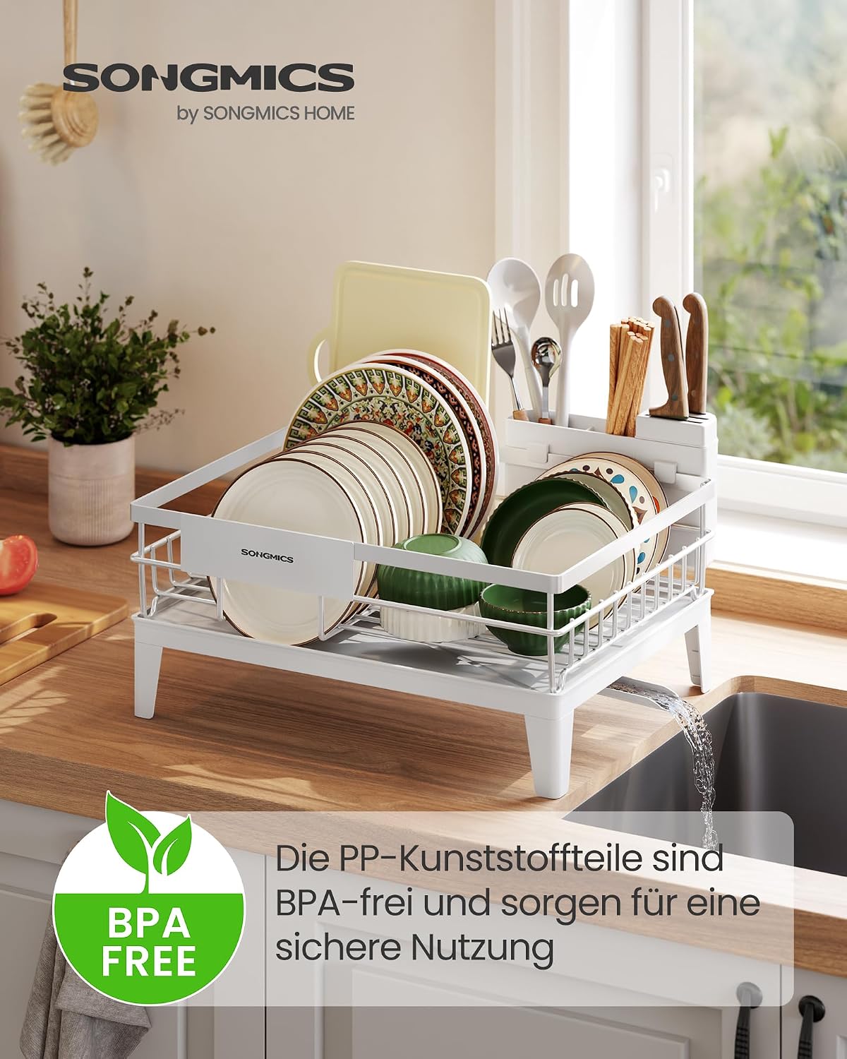 Detalle 2 de SONGMICS Abtropfgestell Geschirr KCS550WG01 – kompakt, 360° Auslauf und Abtropfschale