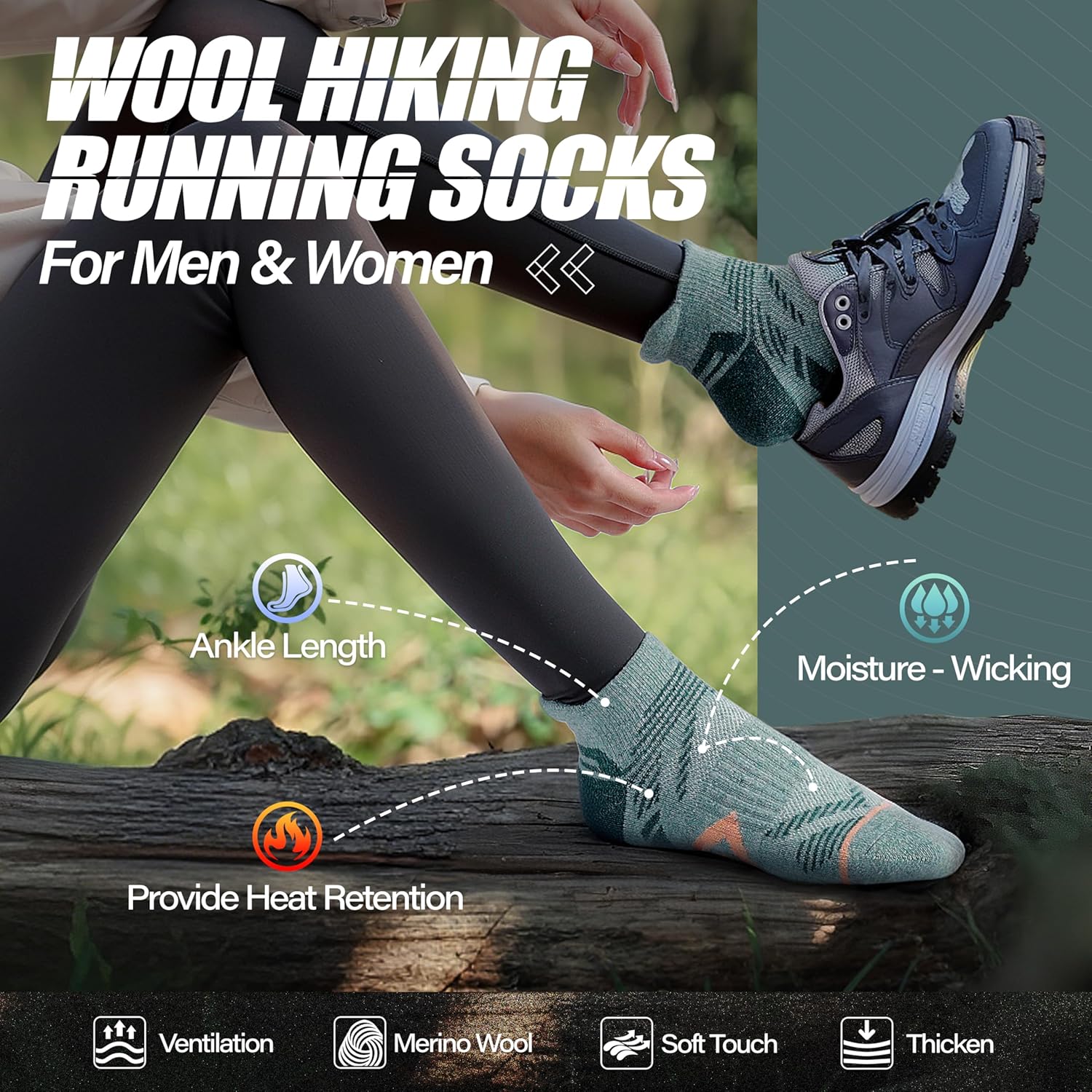 Detalle 2 de ANTSANG Merino Wool Ankle Hiking Socks 6 pairs