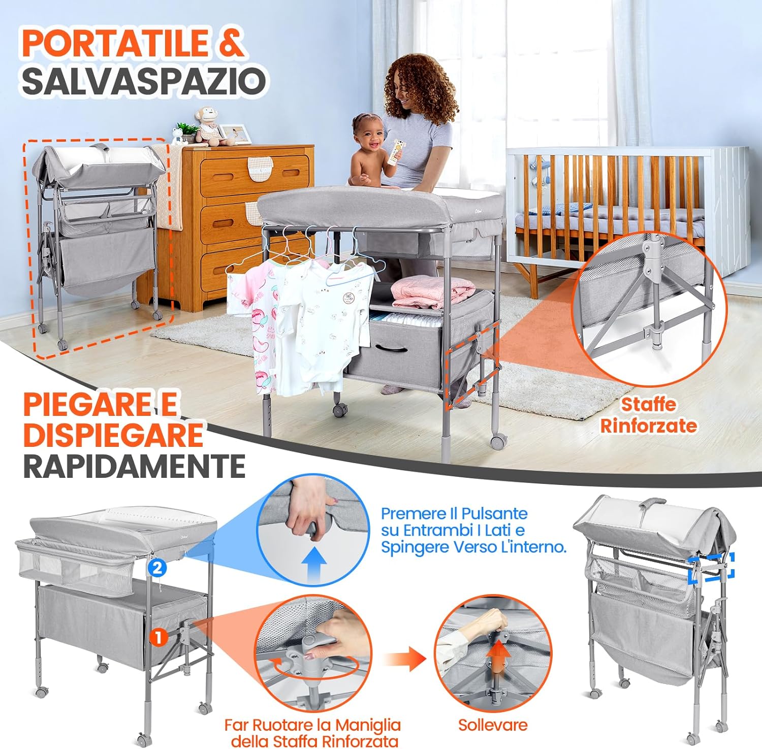 Thumbnail 3 de Orzbow Fasciatoio Neonato pieghevole con cassetto, fascia di sicurezza e luce notturna (grigio)