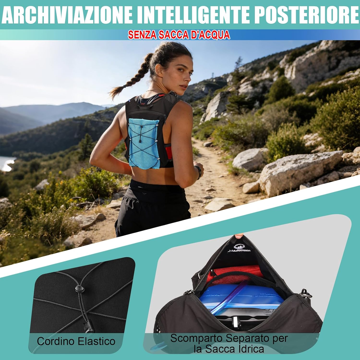 Detalle de ONETOALL Gilet Running: Zaino da Trail con Soft Flask 500 ml e Luce LED, versione unisex 175 g