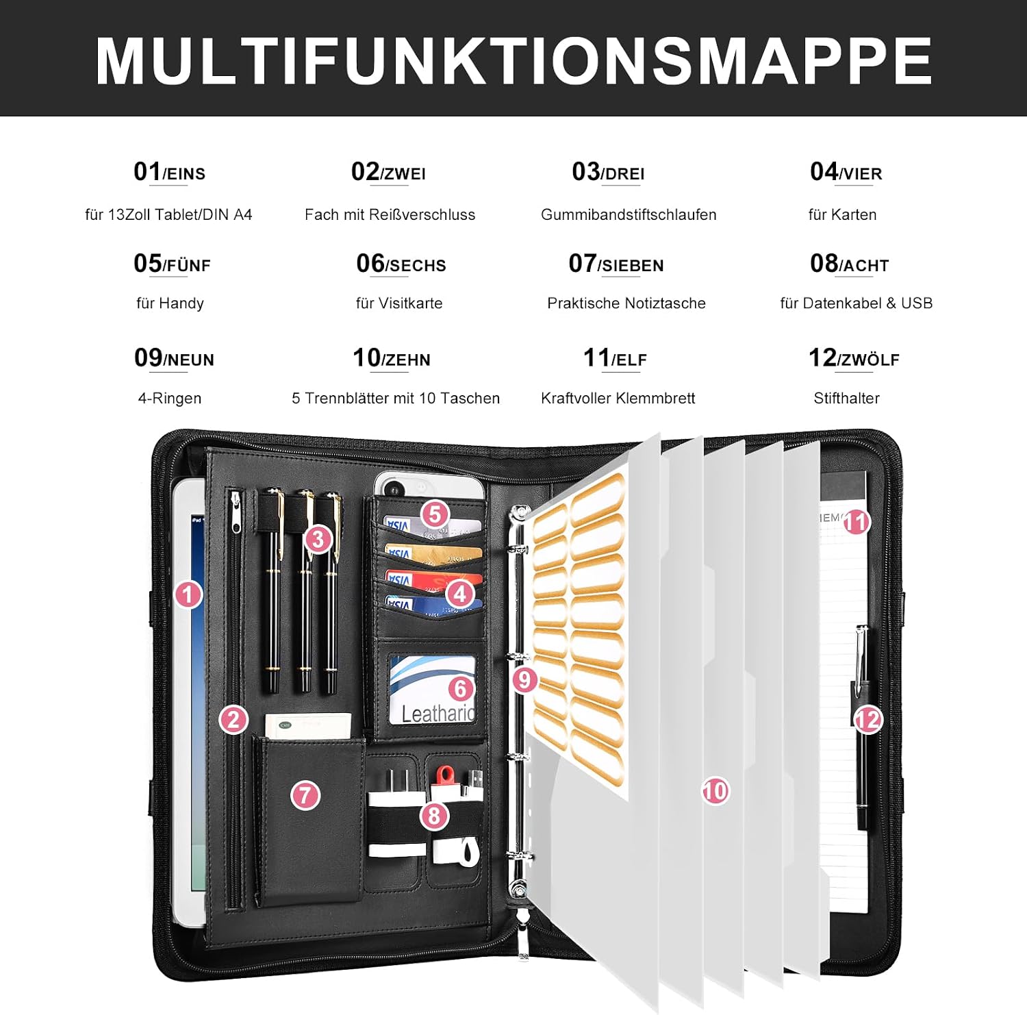 Detalle de Leathario Schreibmappe A4 mit 5er Register – Konferenzmappe mit 4 Ringbuch und Klemmbrett