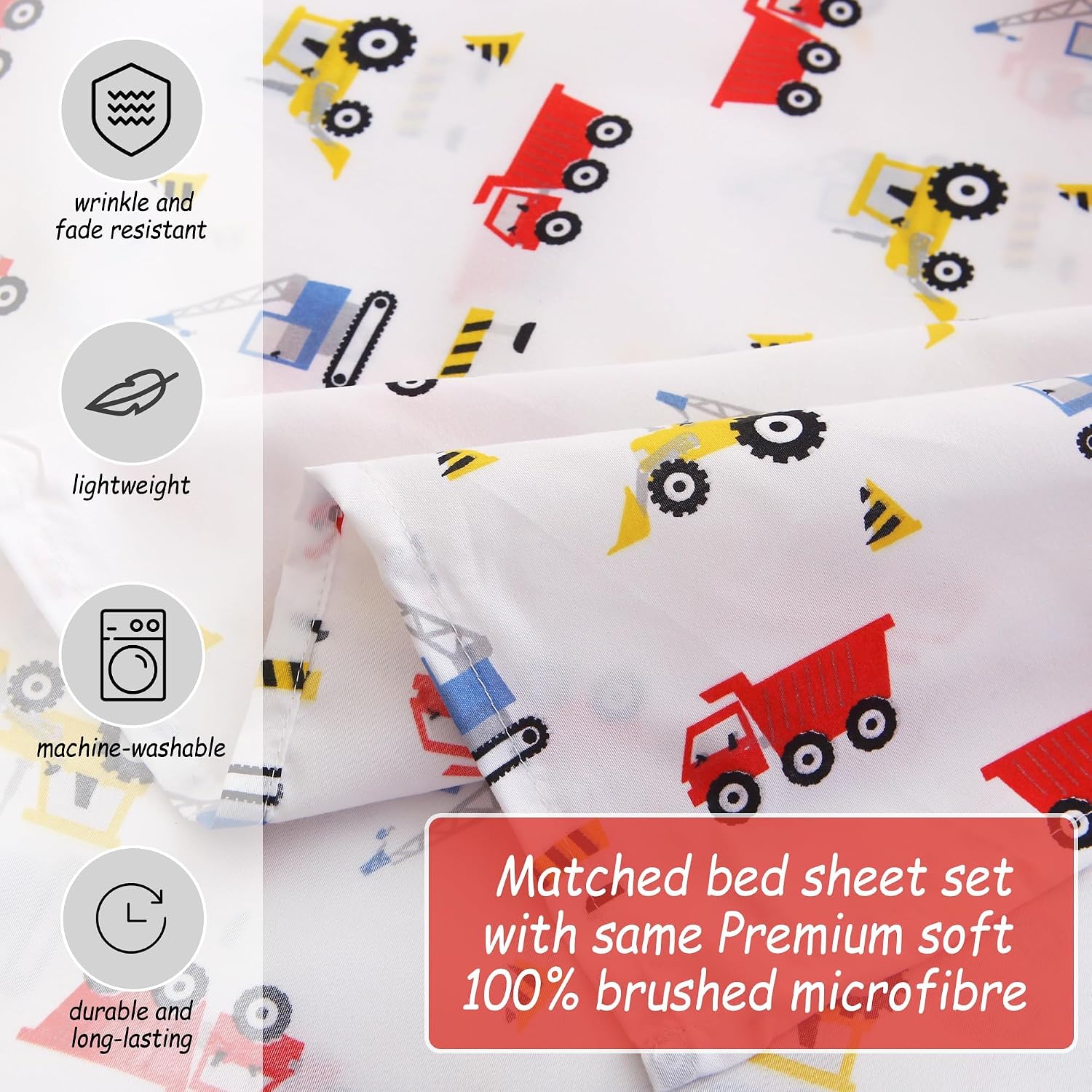 Detalle de softan MICSHTKIDTRUCKT Twin Kids’ Sheet Set, Microfibre, Construction Print