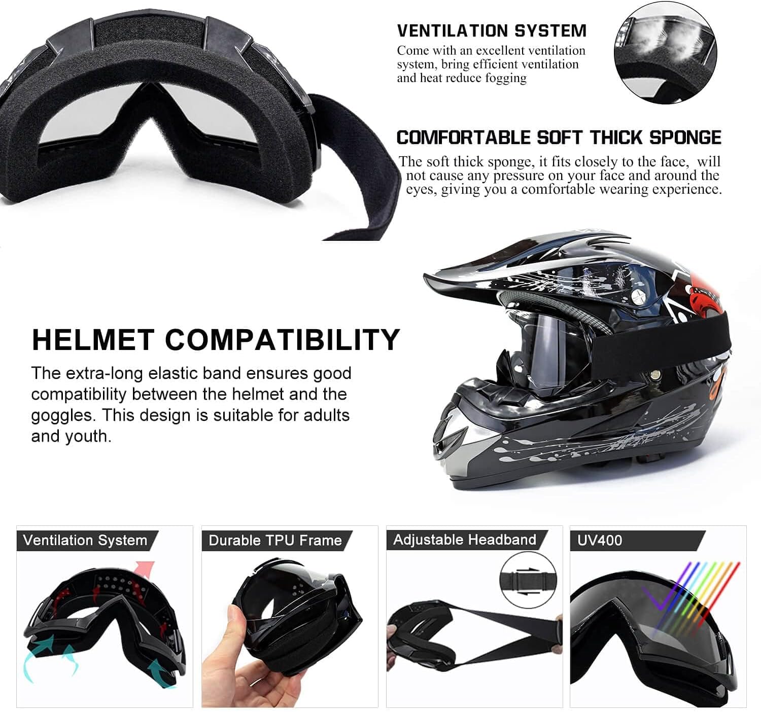 Detalle de FMY Motorcycle Motocross Goggles for Men, Women & Youth – UV400, Anti-Scratch, Anti-Fog, TPU Frame