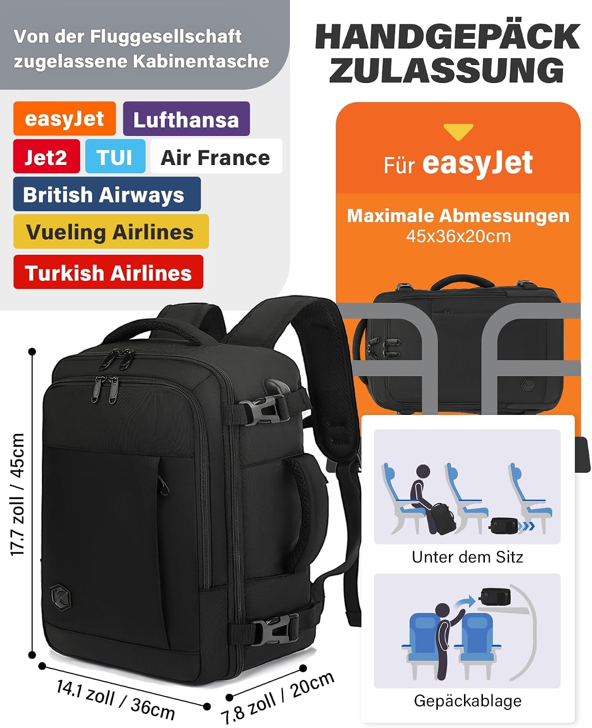 Detalle de VANKEV Easyjet Handgepäck Rucksack 45x36x20
