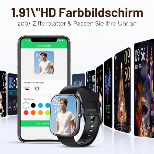 Detalle de taopodo Smartwatch Herren/Damen mit 1,91" HD-Touch, Telefonfunktion und 115+ Sportmodi