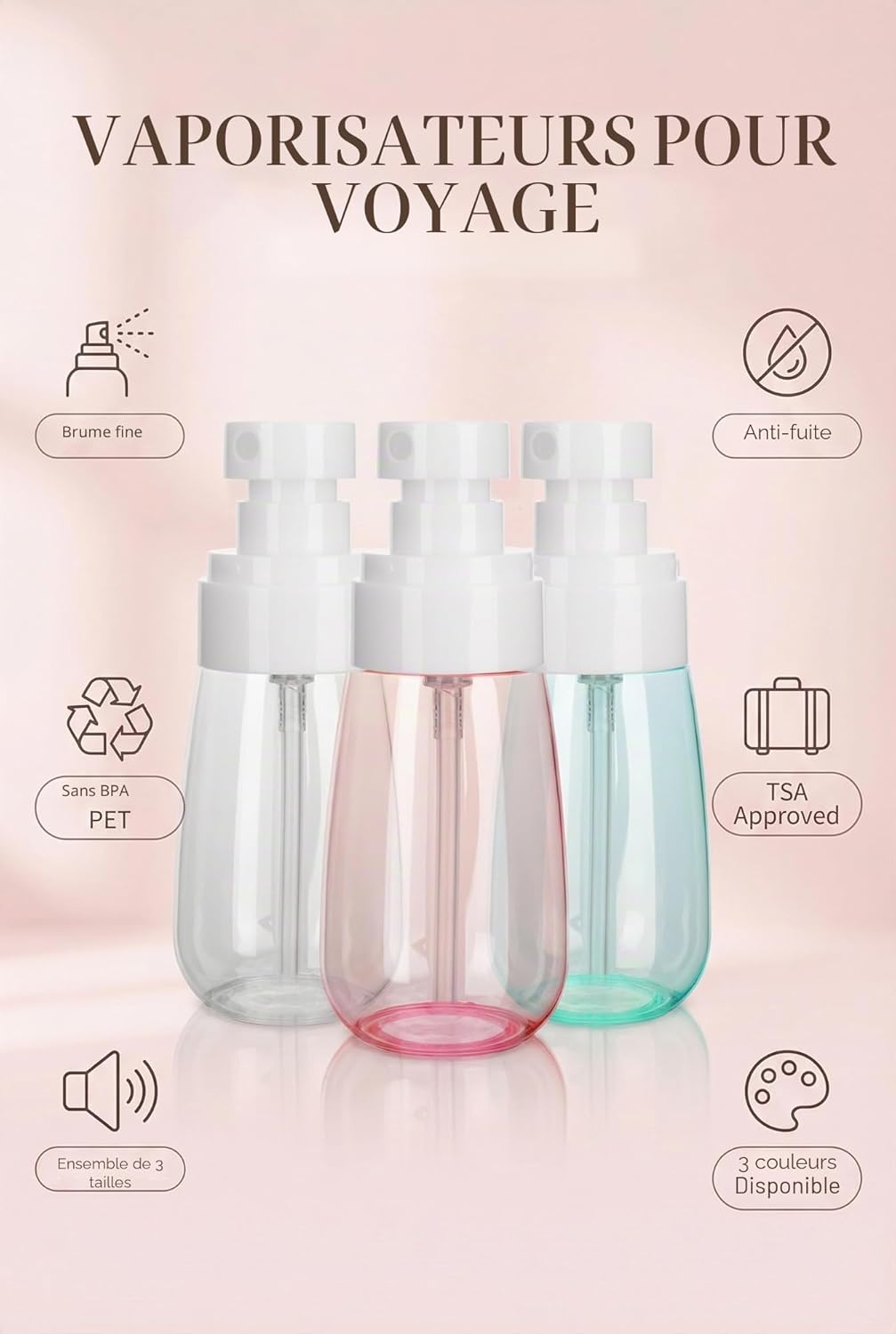 Detalle 2 de Lammcou Mini flacons spray à brume fine (lot de 3, remplissables, anti-fuite) format voyage TSA