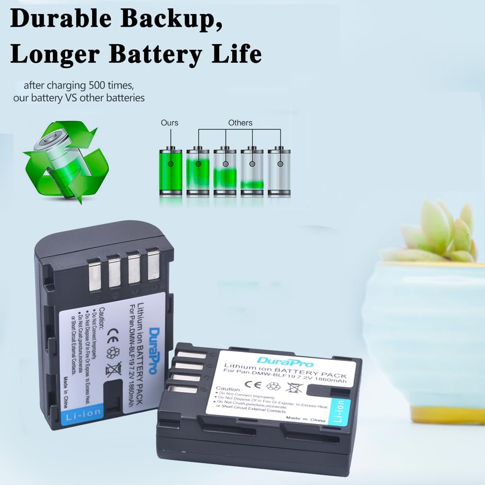 Detalle de DuraPro 2Packs 1860mAh DMW-BLF19 Battery + LCD Dual USB Charger for Panasonic Lumix DMC-GH/G9 Series