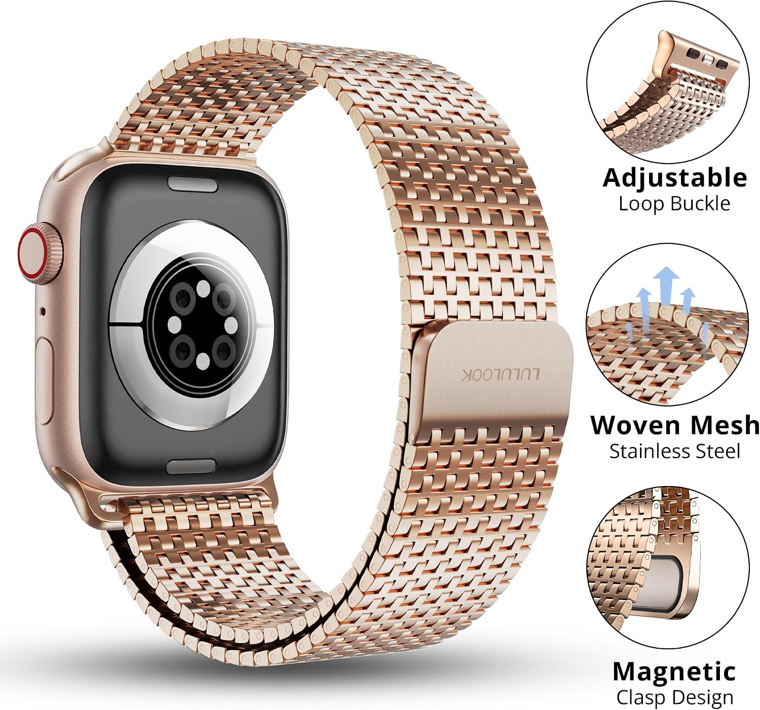 Detalle de LULULOOK Milanese Loop Magnetic Clasp Stainless Steel Band for Apple Watch Series 11/10/9 and more