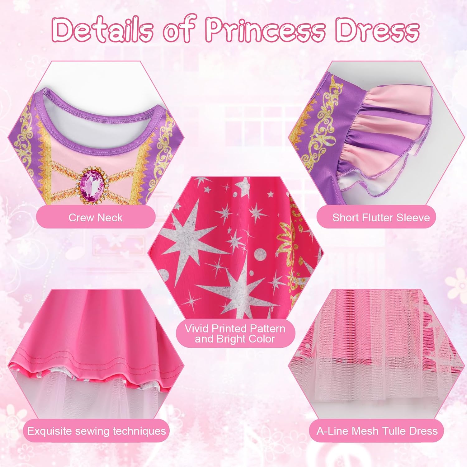 Detalle 2 de HenzWorld Princess A-line Tulle Dress for Girls with Flutter Sleeves