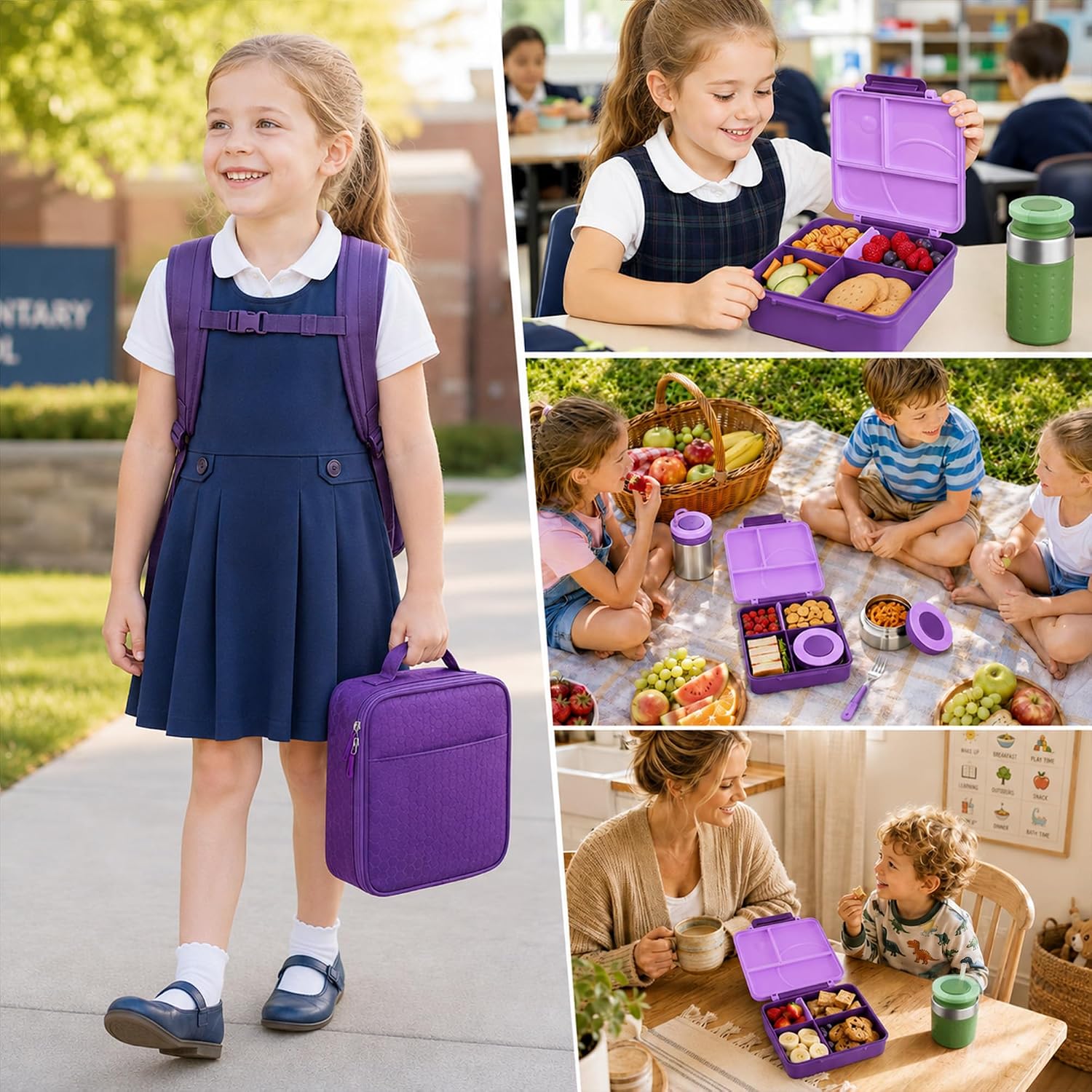 Thumbnail 6 de Kids Bento Lunch Box Set with 8oz Soup Thermo (Leak-Proof) + 4-Compartment Containers, Insulated Lunch Bag - Purple