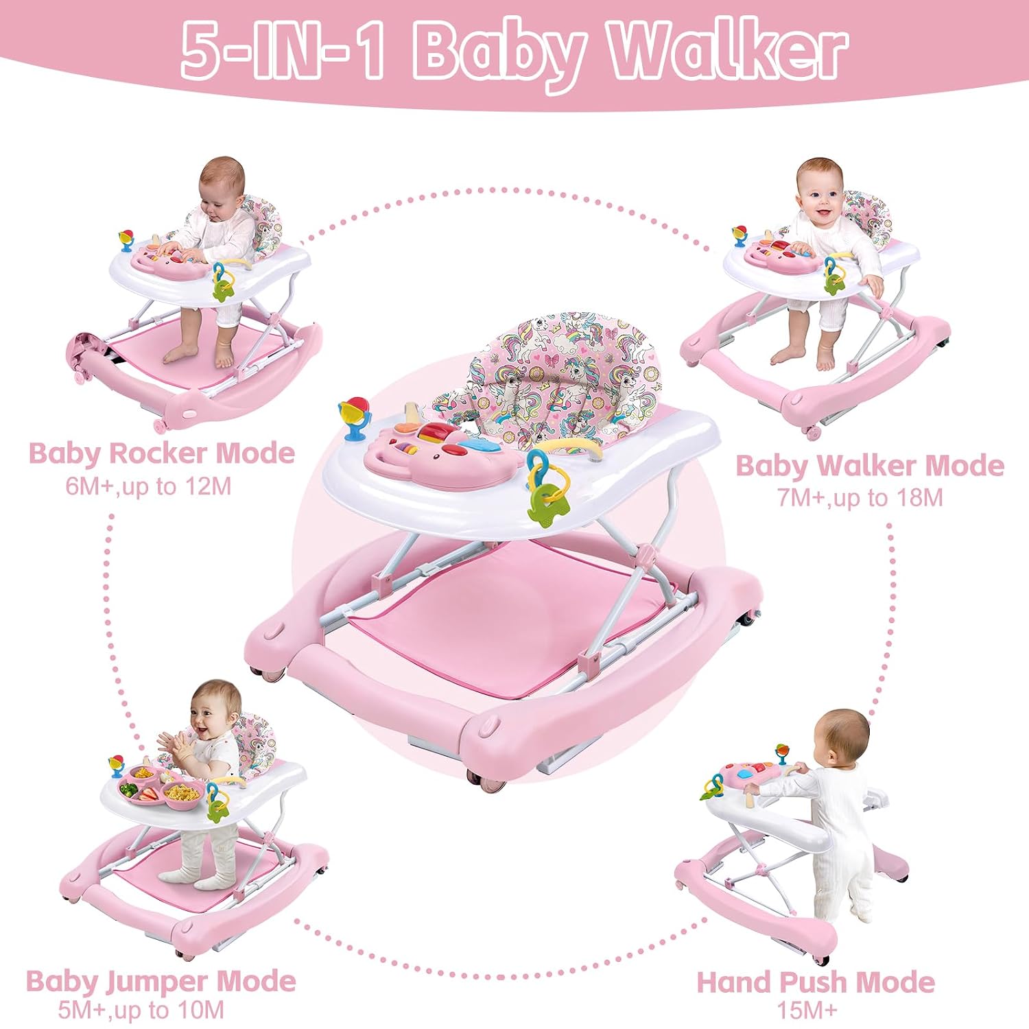 Detalle 2 de Howeemo 5-in-1 Foldable Baby Walker with Adjustable Height and Rear Wheels