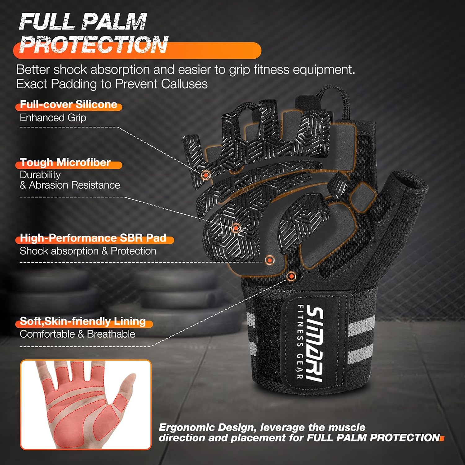Detalle 2 de SIMARI Workout Gloves with Wrist Wrap, SBR Padding and Silicone Grip