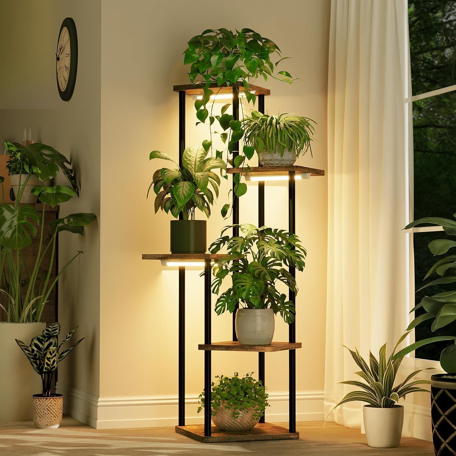Detalle de Bamworld 5-Tier Plant Stand with Grow Lights, Corner Shelf, Brown Oak