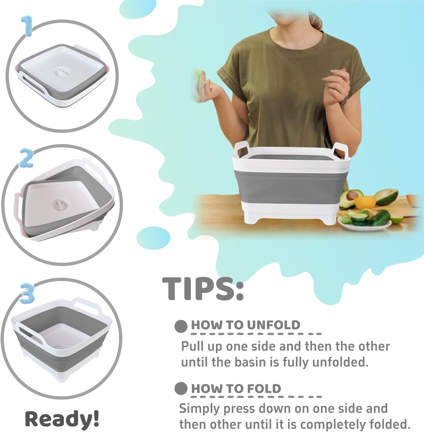 Detalle de GIMWA Collapsible Wash Basin with Drain Plug — 2.4 Gallon Foldable Sink (Gray)