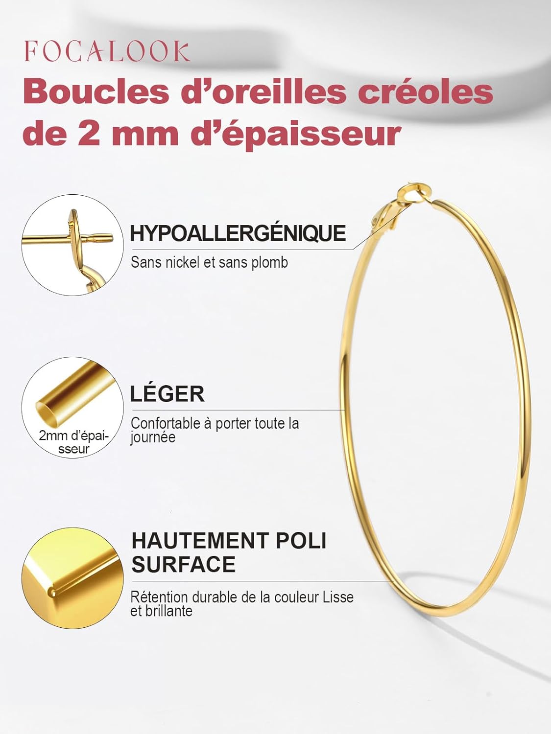Thumbnail 3 de FOCALOOK Boucles d’oreilles créoles femme argent/plaqué or/noir en acier inoxydable – grands anneaux 30/50/70/100 mm