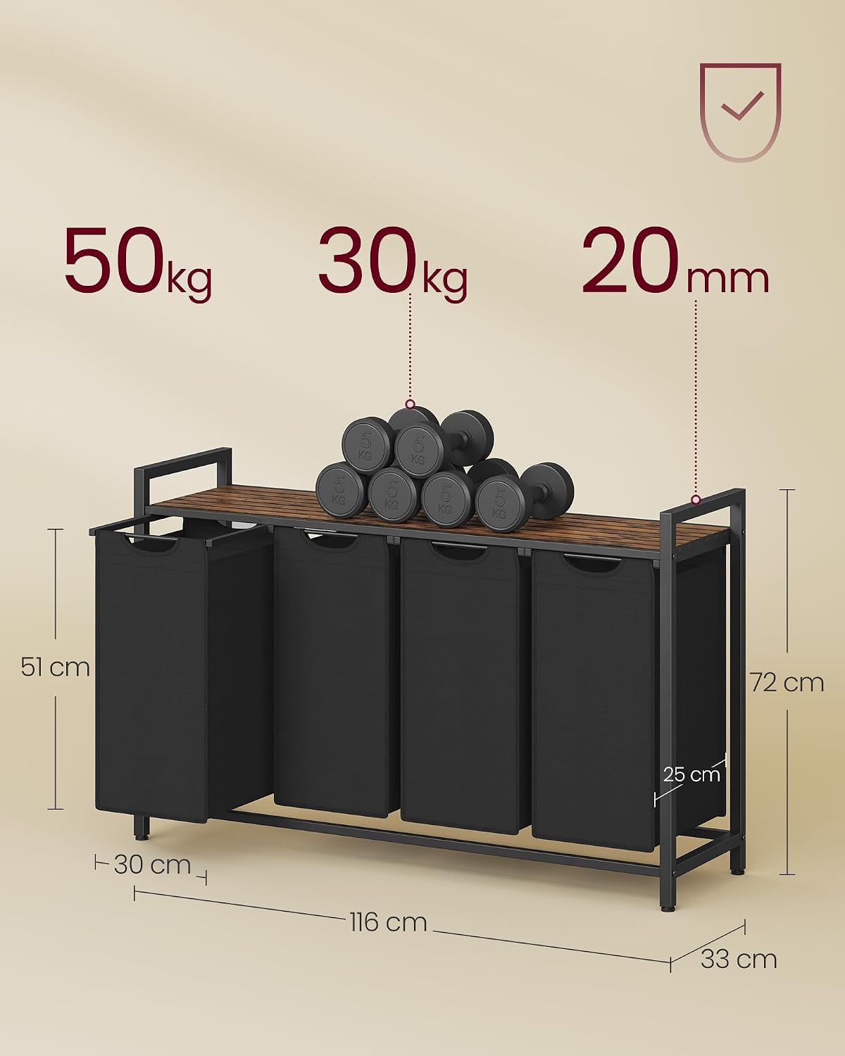 Detalle de VASAGLE BRENTA BLH401B01 tvättsorterare, 160 l med fyra fack och hylla