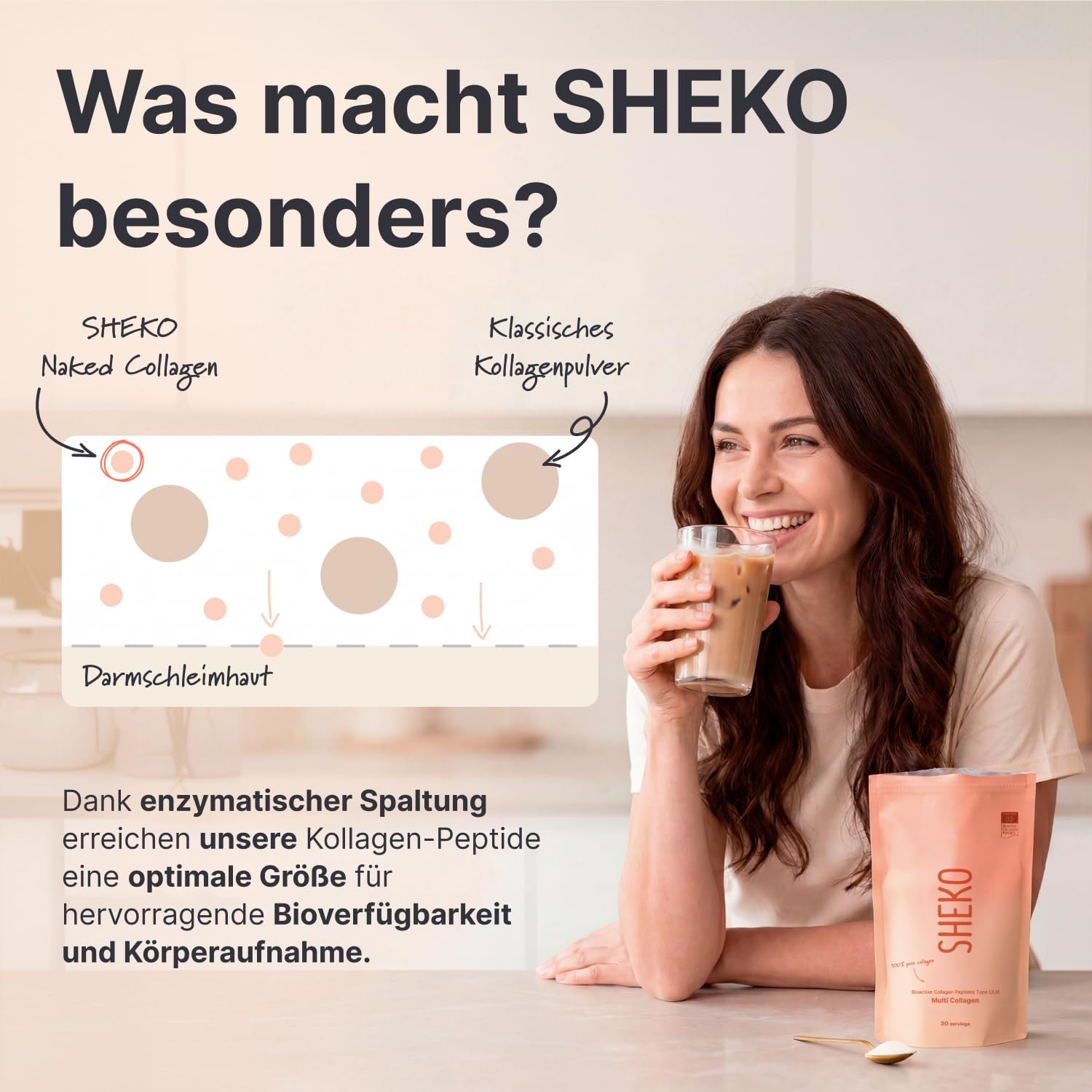 Detalle de SHEKO Kollagen Pulver 450g – Hochdosiertes Hydrolysat aus Typ 1, 2 und 3