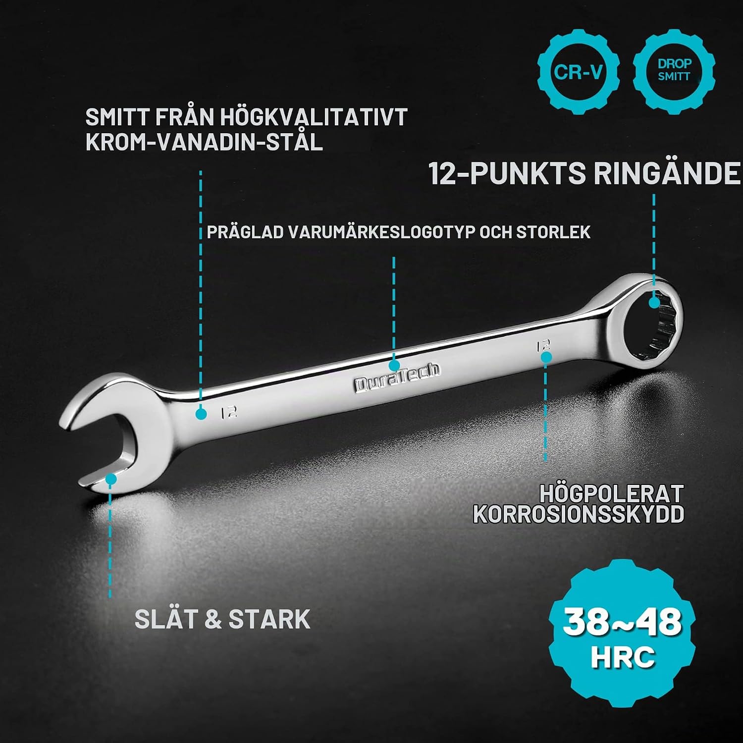 Detalle de DURATECH kombinationsnyckelsats, 11 delar, 8–19 mm, 12-kant i kromvanadinstål