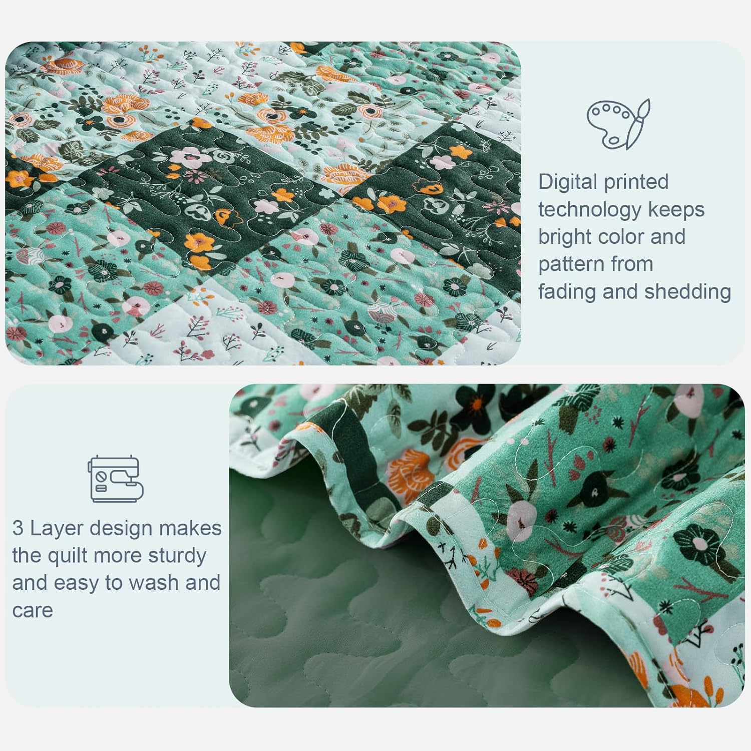 Detalle 1 de Exclusivo Mezcla Quilt13-DGREEN-Q Queen Quilt Set, Reversible Green Floral Patchwork