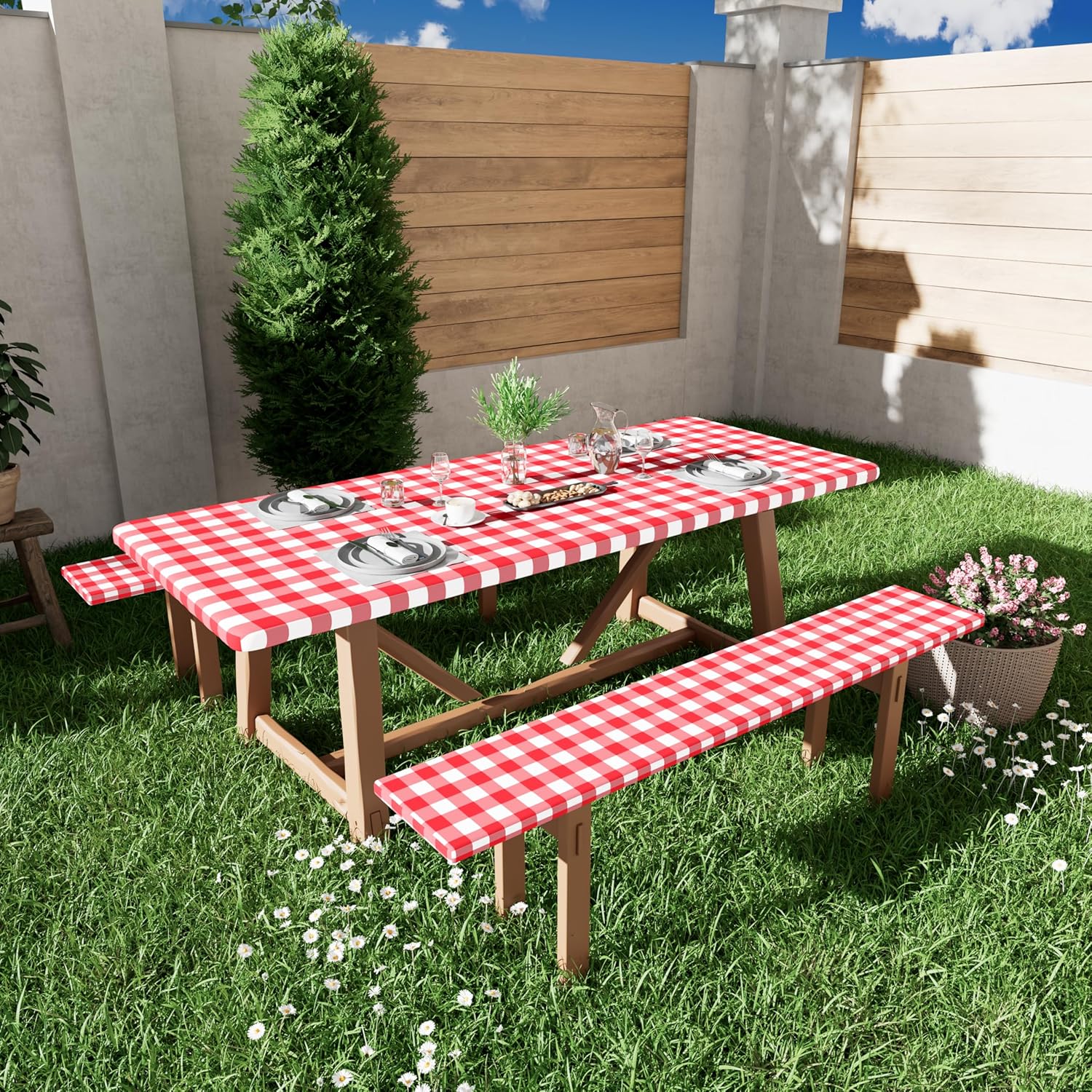 Thumbnail 6 de Smiry Picnic Table Cover Set (Red & White Buffalo Plaid) with Bench Covers for 8-Foot Rectangle Tables