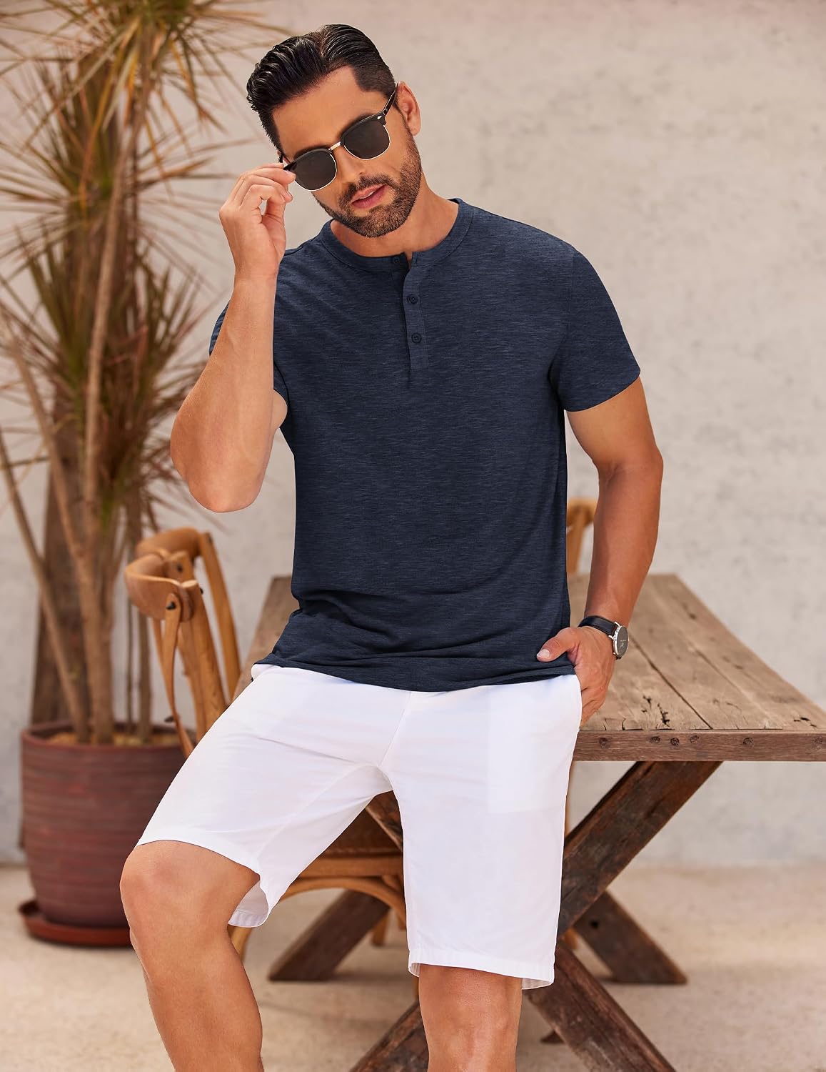 Detalle 2 de COOFANDY T-shirt Henley homme à manches courtes avec col boutonné