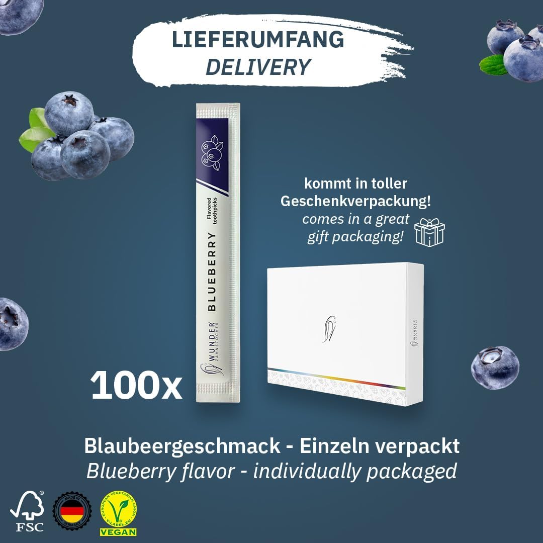 Detalle de Wunder aromatisierte Zahnstocher Blaubeere – 100er Pack, einzeln verpackt, zuckerfrei