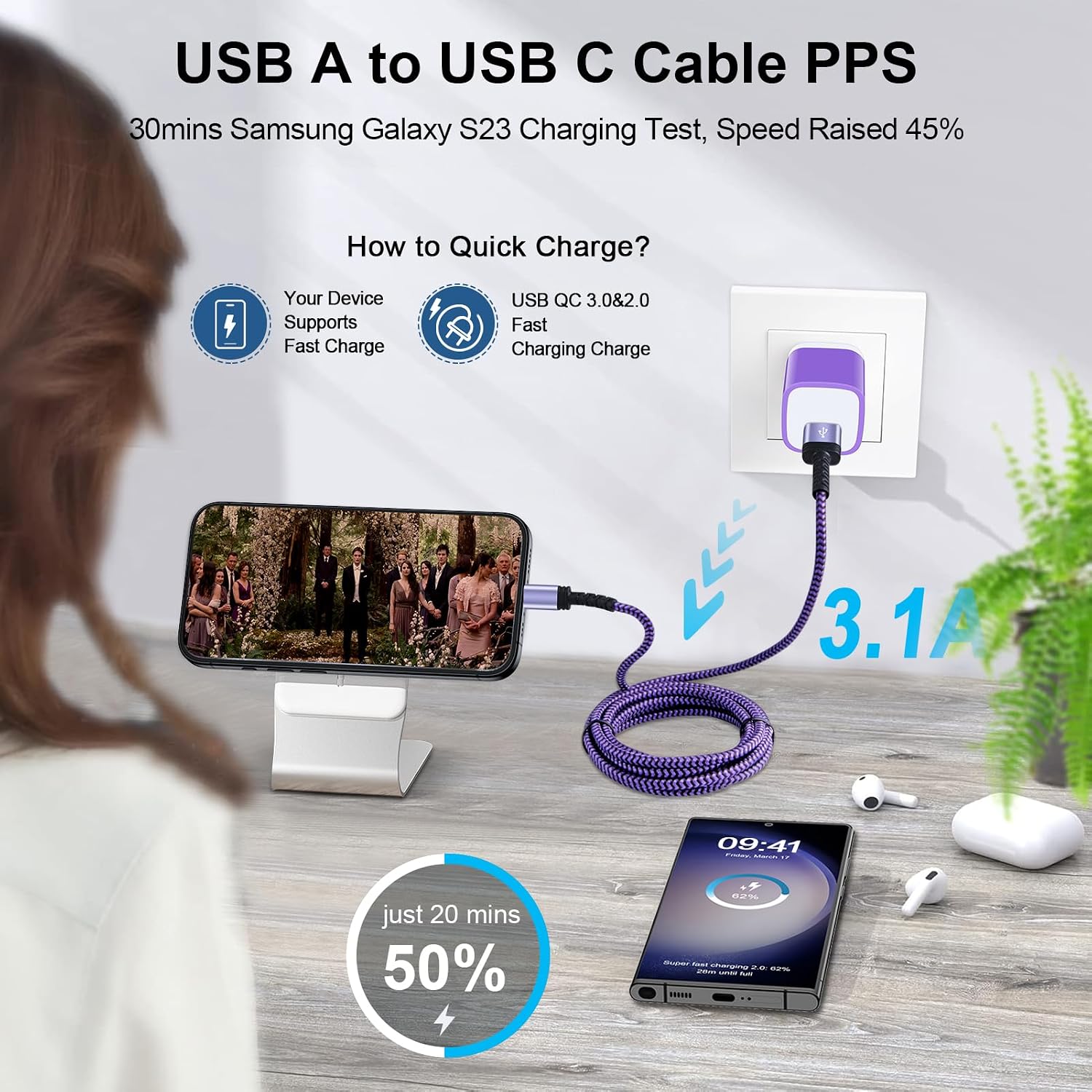 Thumbnail 1 de 10FT/3Pack USB C Cable: 3.1A Fast Charging & Sync for iPhone, Samsung, Pixel