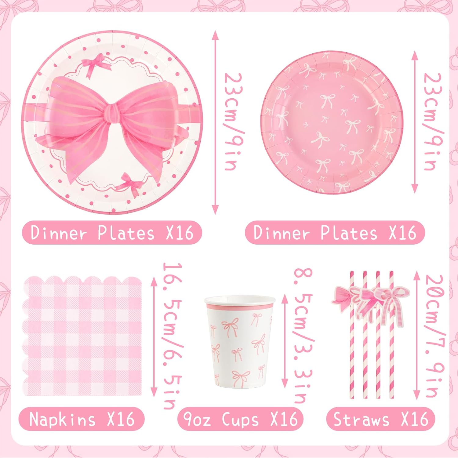 Thumbnail 1 de SUNBEAUTY 80-Piece Pink Bow party tableware set (9 inch plates, cups, napkins) for 16 guests