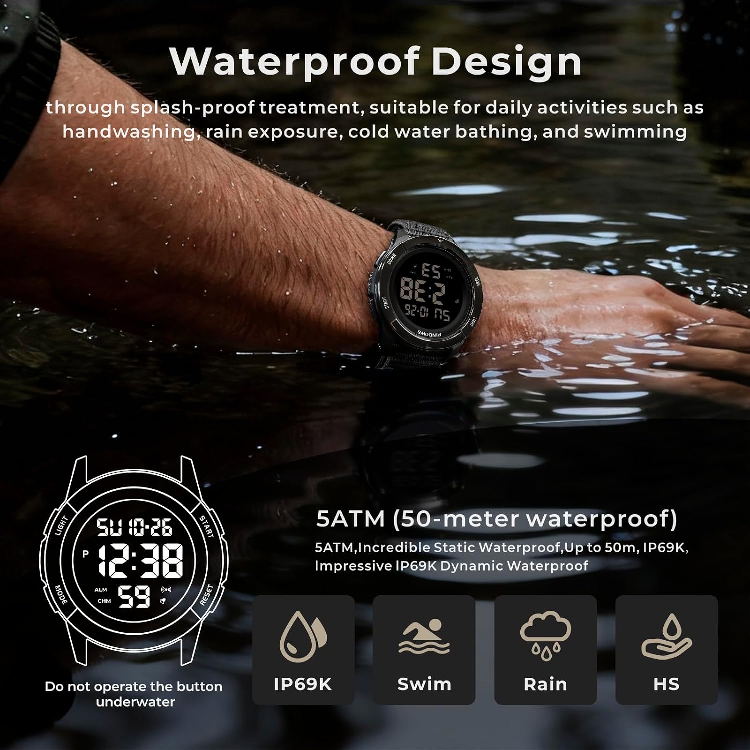 Detalle de PINDOWS Mens Digital Watch: 50m Waterproof, Army-Grade Durability with Velcro Strap