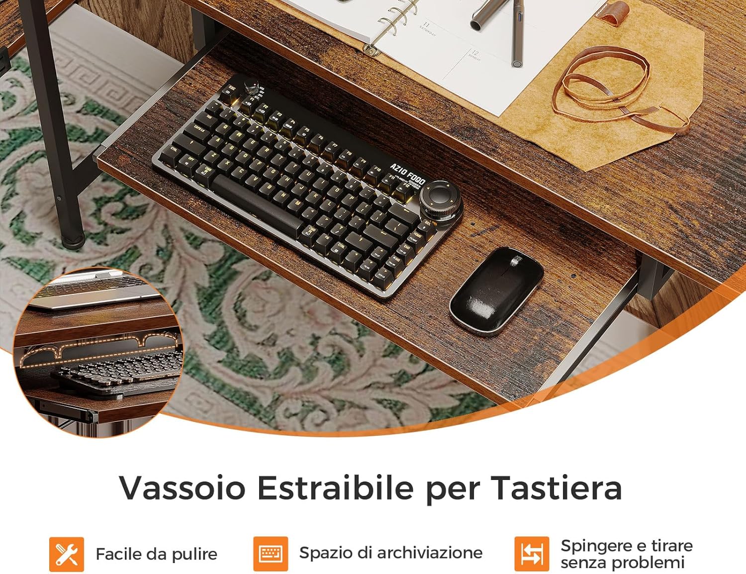 Detalle de Coleshome Scrivania Gaming con LED e Prese, 140x48cm: scrivania reversibile con vassoio tastiera e supporto monitor