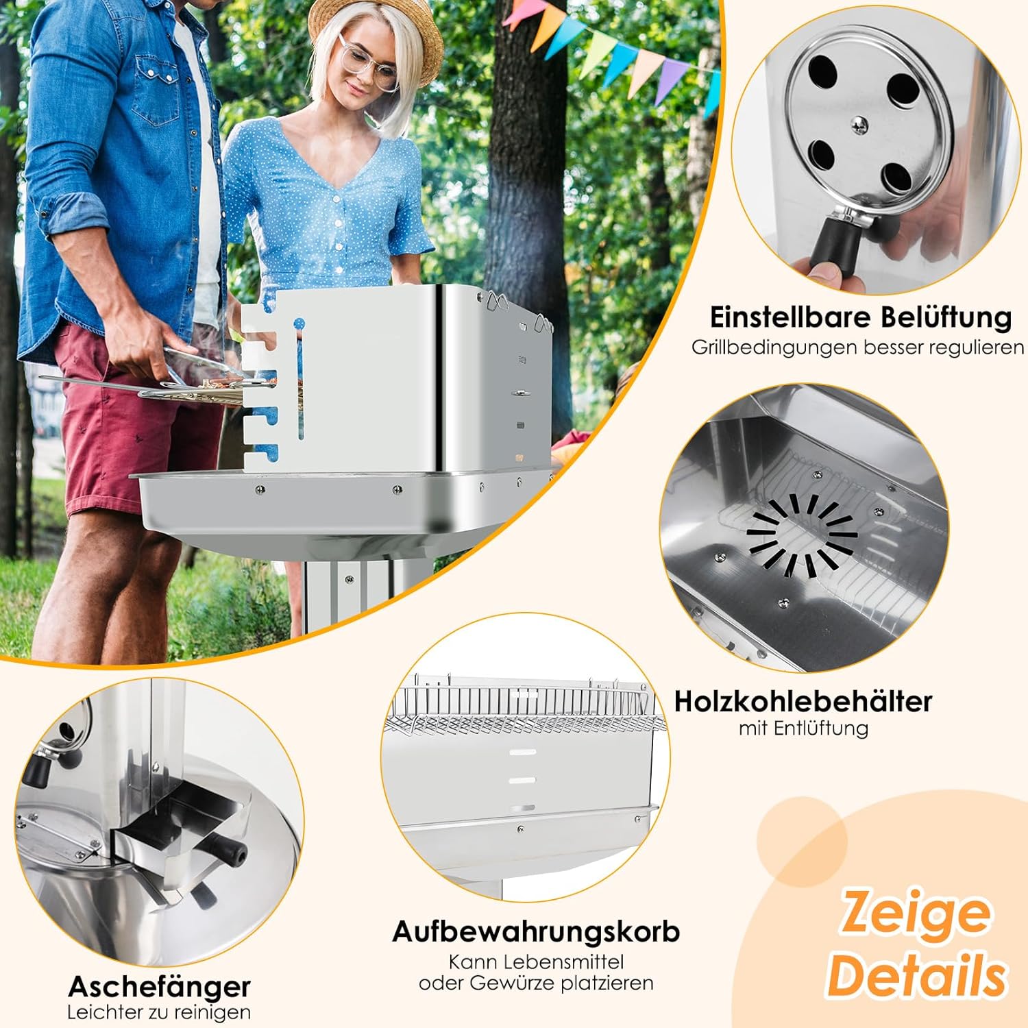 Thumbnail 5 de TLGREEN barbecue a colonna in acciaio inox 57×38×90 cm con altezza regolabile in 5 posizioni