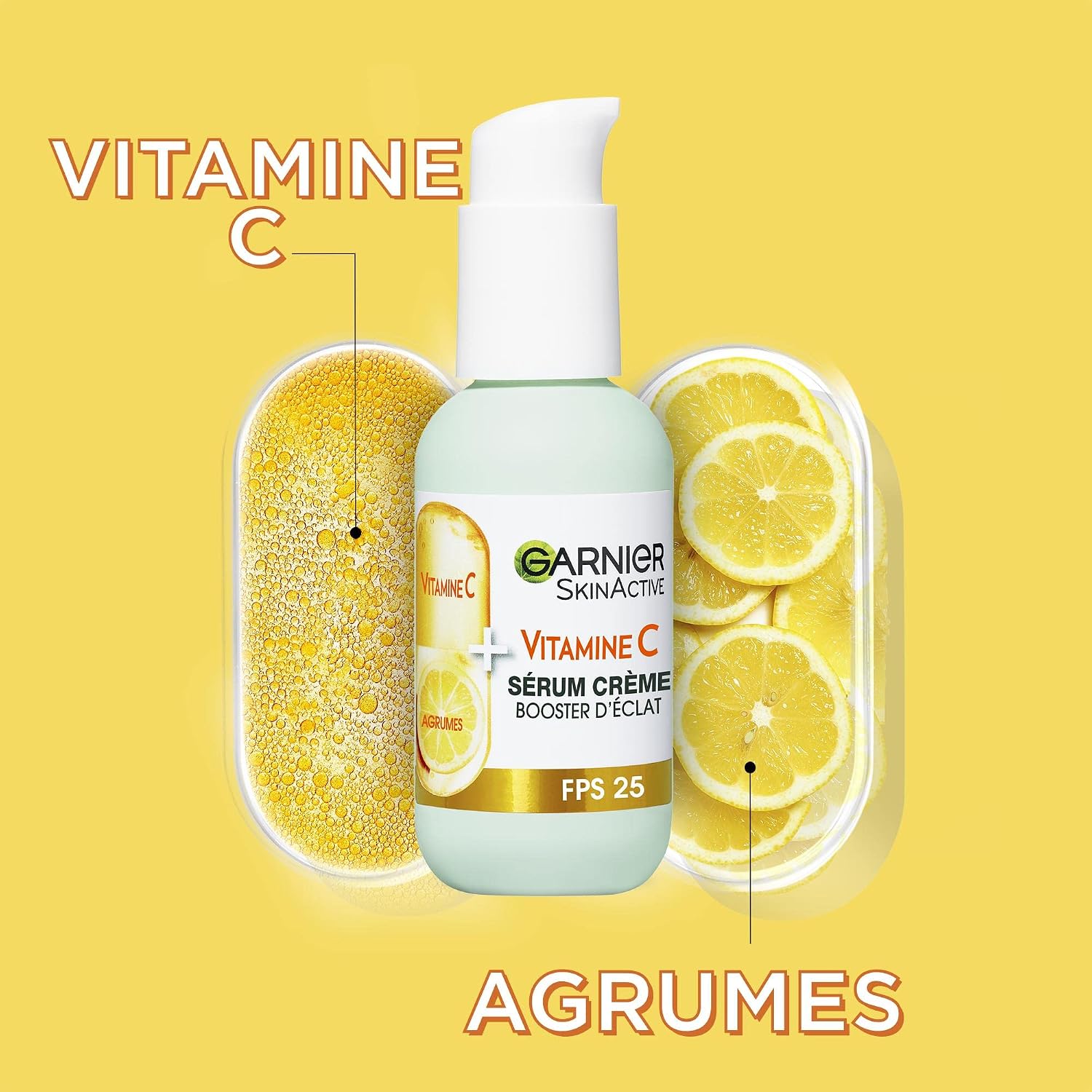 Detalle de GARNIER Skin Active Sérum Crème Booster d'Éclat 2-En-1 – Hydratation 72h, FPS 25, Vitamine C & Agrumes – Vegan & Cruelty Free