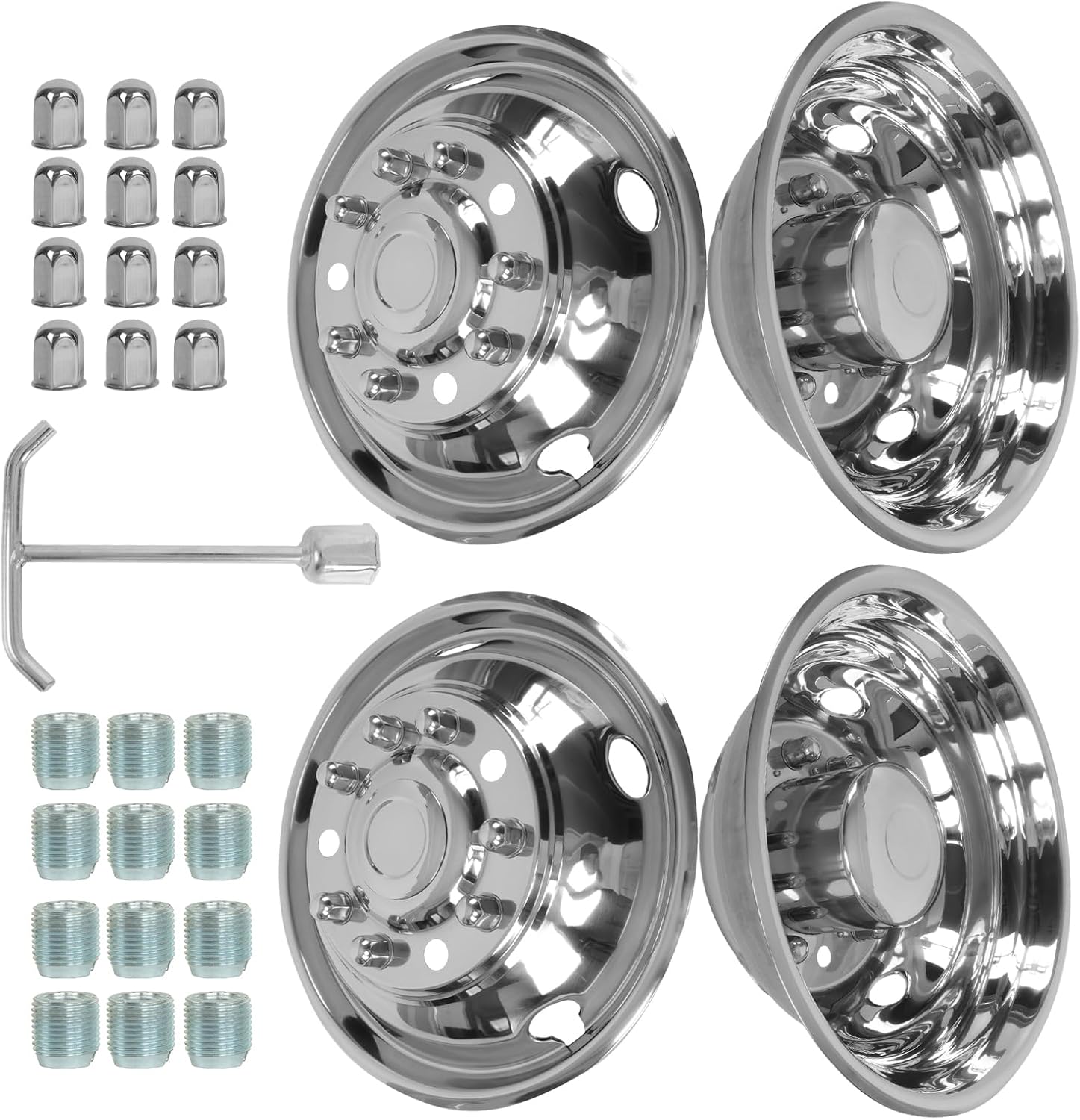 Detalle de hightall 19.5 Wheel Simulators for Dodge Ram 4500/5500 — 19.5" 10-Lug Stainless Hubcaps (Polished) 4-Piece Bolt-On Set