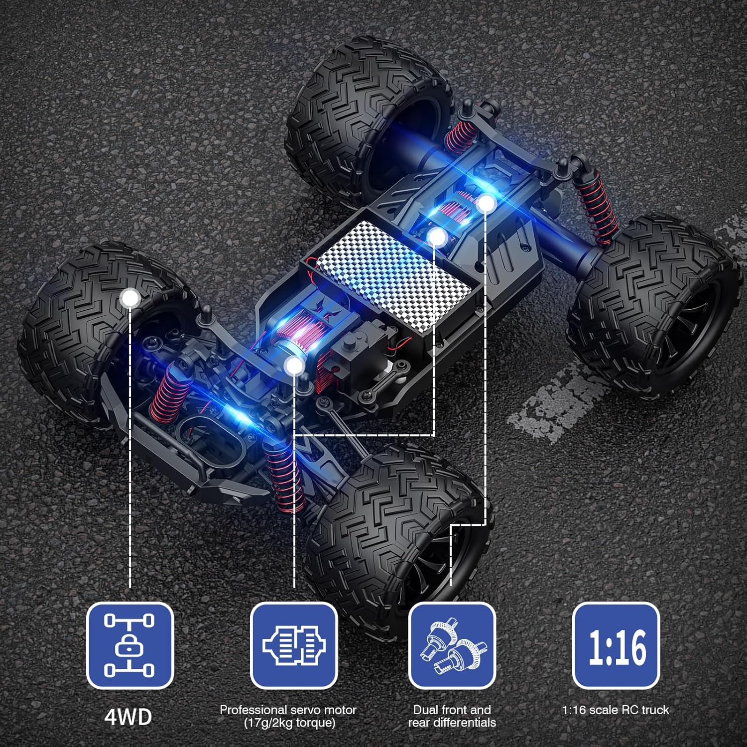 Thumbnail 3 de EVARY Voiture télécommandée 1:16 Monster Truck RC 40 km/h — 4x4 tout-terrain