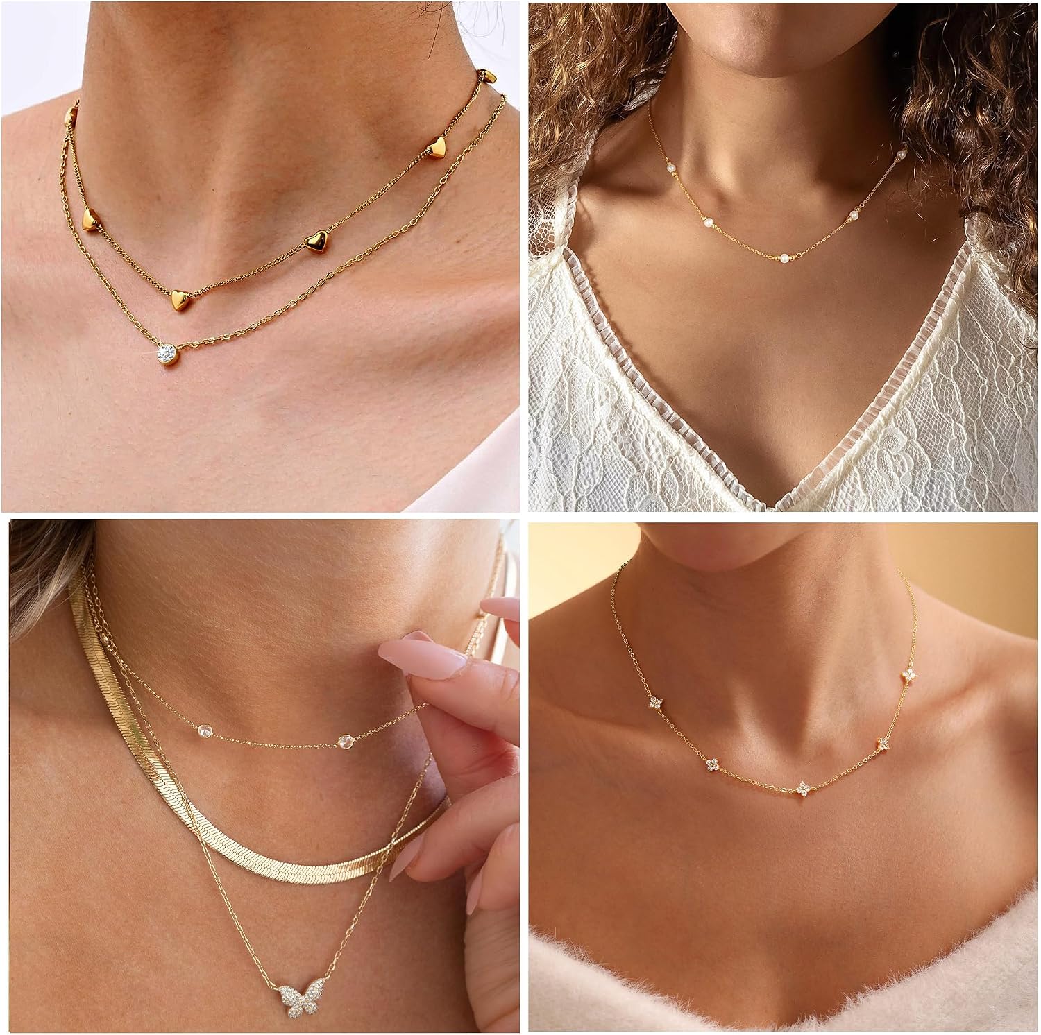 Detalle 2 de HARJJME Damen-Kette aus 14K vergoldetem Kupfer & Silber 925 mit Kleeblatt, Herz und Zirkonia – Choker, wasserfest