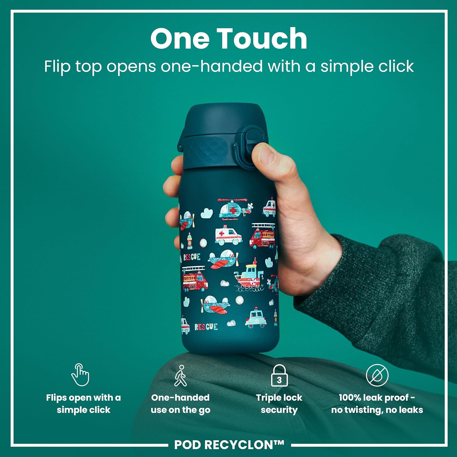 Detalle de Ion8 Small Water Bottle, Teal – Leak-Proof Kids’ Bottle with Flip Cover & Dishwasher Safe Design