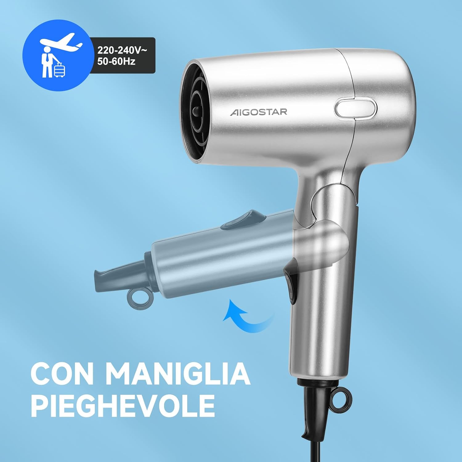 Detalle de Aigostar Asciugacapelli da Viaggio Pieghevole 1200W – Grigio Argento, 310 g
