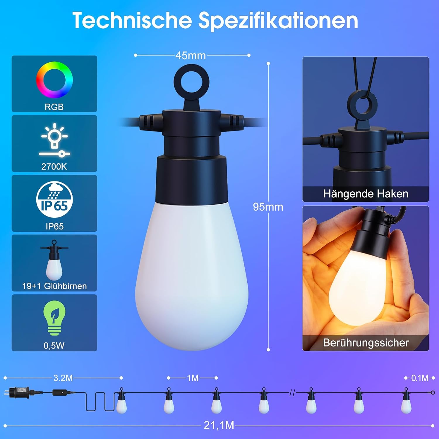 Detalle de LED Lichterkette Außen Strom Weihnachten – 21 m bunt RGB, IP65, Fernbedienung, 19 Glühbirnen + 1 Ersatz
