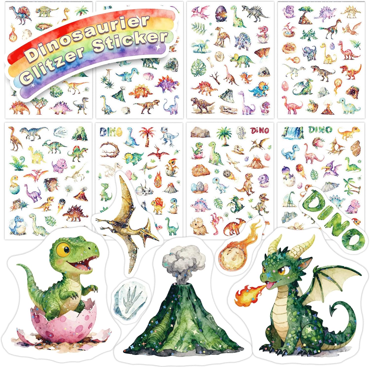 Autocollants dinosaures pailletés holographiques – 8 pièces pour bricolage enfants